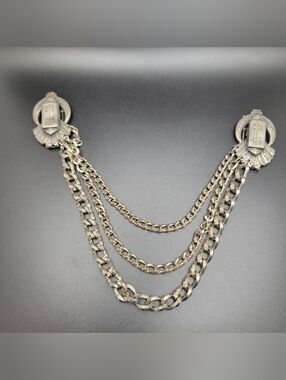 Victorian Style Double Brooch Cape Clasp with Triple Draped Chains — Silver Tone